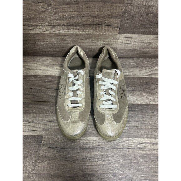 Tory Burch Mitch Beige Gold Suede Metallic Leather Sneaker Women's Sz 11 M - Picture 3 of 15